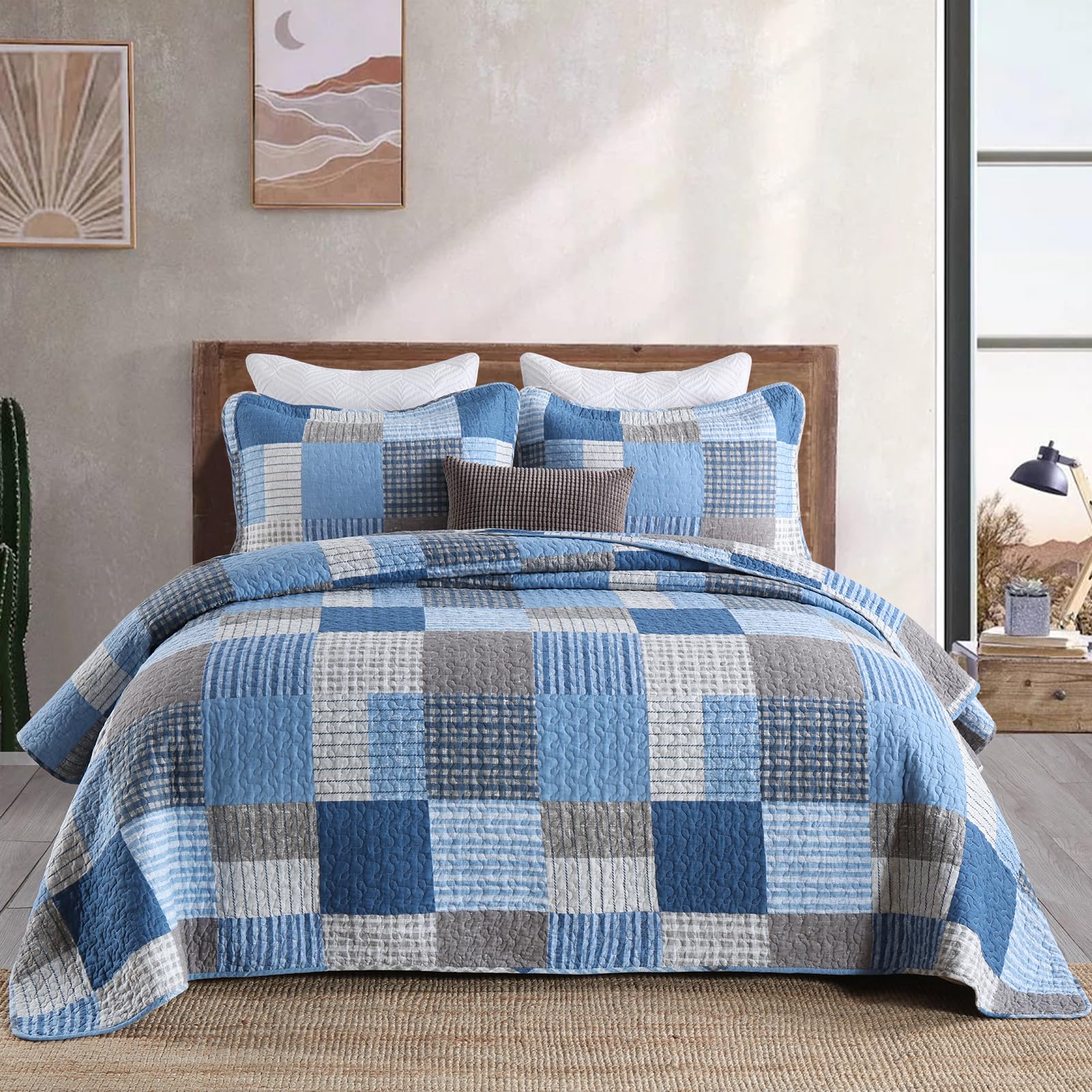 finlonte quilt king size - 100% cotton king size comforter set blue navy grey plaid farmhouse quilt bedding set, reversible lightweight soft bedspread, quilted coverlet all-season, 3-piece