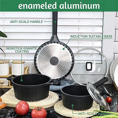 Miniatura 6 de Aufranc Juego de ollas y sartenes antiadherentes, juego de utensilios de cocina de inducción de granito negro con asas que se mantienen frías, juego