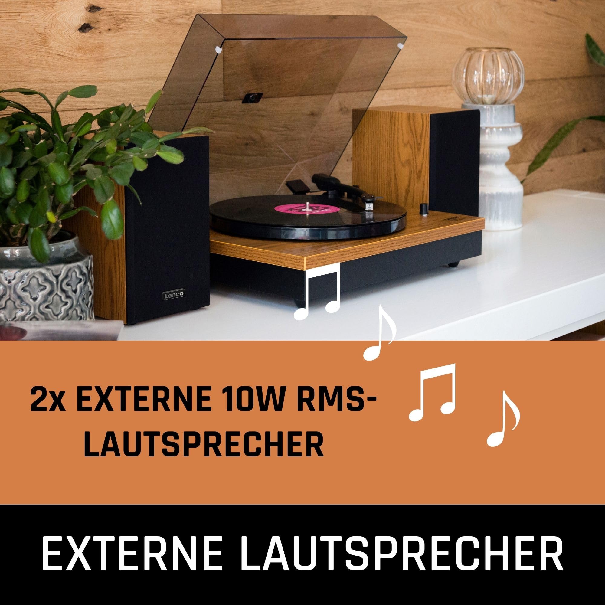 Lenco LS-300WD - Plattenspieler - Schallplattenspieler | LS-300 - Vinyl Player - Bluetooth - 2 x 10 W RMS - Riemenantrieb - Auto-Stopp - MDF-Gehäuse - Braun