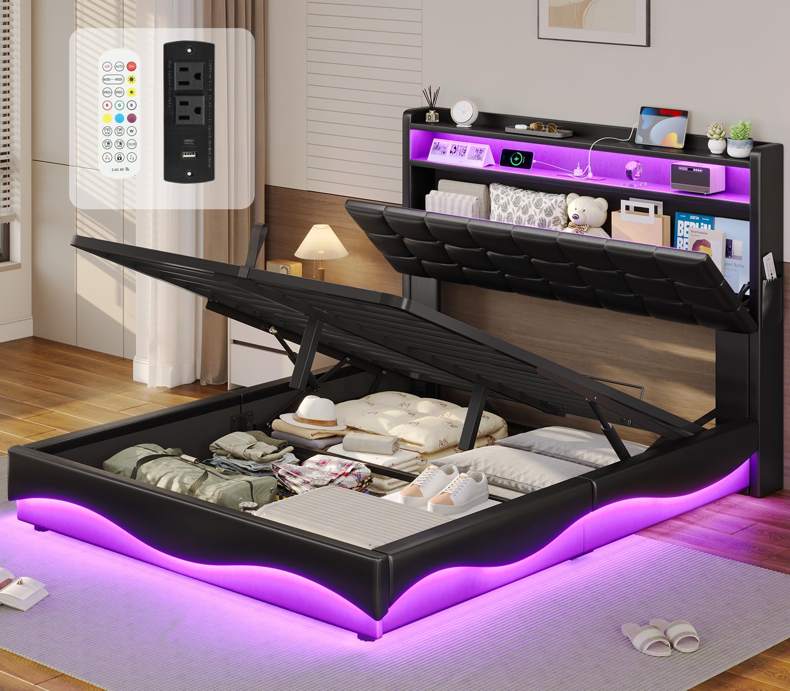 BTHFST Bed Frame Twin Size with Lift Up Storage, Power Outlet & RGB Lights, Upholastered Storage Headboard, Twin Bed with Heavy Duty Steel Slats, No