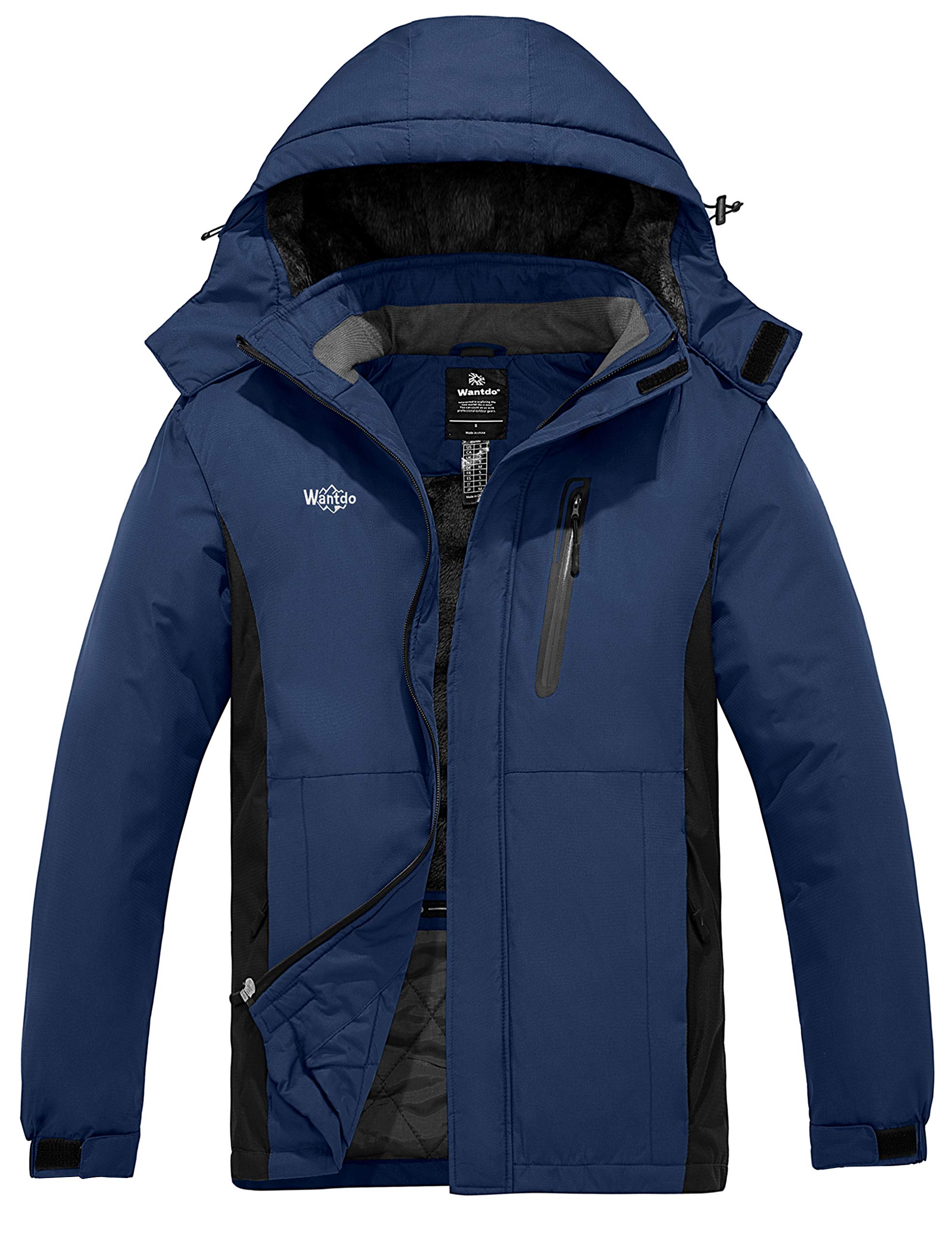 Wantdo Chaqueta de Esquí Impermeable Montaña Aislada con Vellón Cálida Invierno Snowboard Parka Nieve Capucha Hombre Azul Oscuro Large