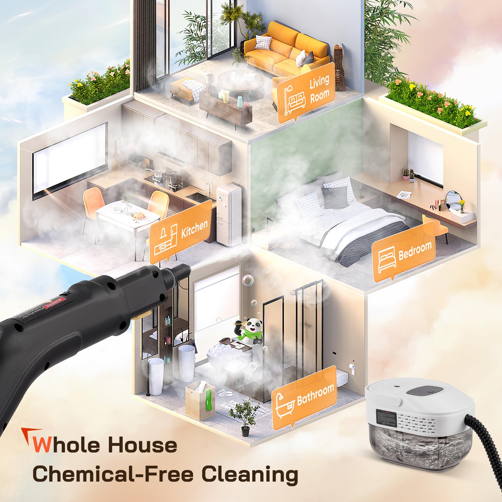 Limpiador a vapor con depósito de 1,6 L, 2500 W, 3 bares de presión y 105 °C, limpiador de vapor de alta presión, vapor caliente, limpieza multiusos sin químicos, para suelo, cocina, ventanas