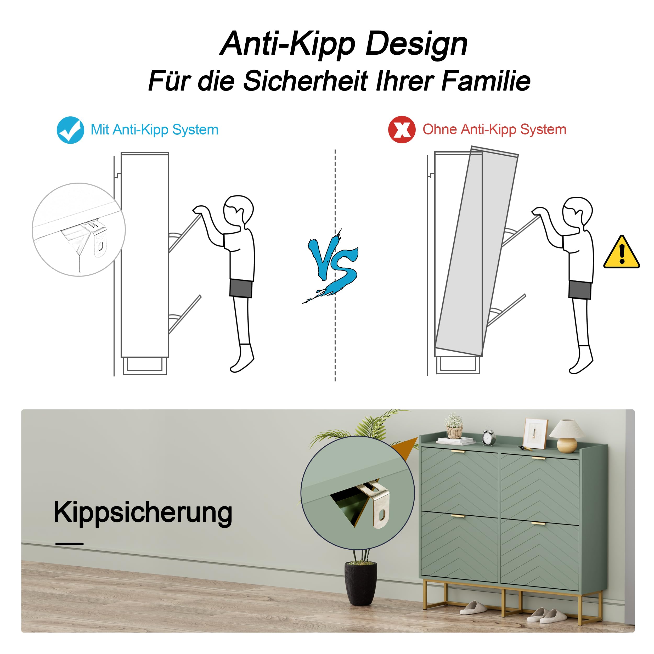 UEV Schuhschrank mit 4 Klappen Schmal,Freistehendes Schuhregal mit Kippschutz, Schuhkommode mit verstellbaren Trennwände, 98,5x24x103,5cm,Schuhablage Schrank für Flur Eingang und Wohnzimmer,Grün