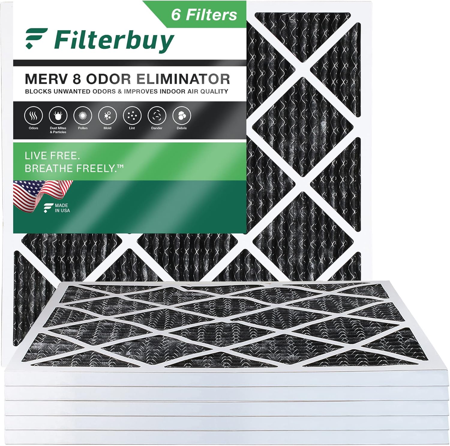 Filterbuy 18x18x1 Air Filter MERV 8 Odor Eliminator (6Pack), Pleated