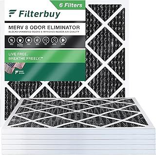 Filterbuy 20x20x1 Air Filter MERV 8 Odor Eliminator (6-Pack), Pleated HVAC AC Furnace Air Filters Replacement with Activated Carbon (Actual Size: 19.50 x 19.50 x 0.75 Inches)