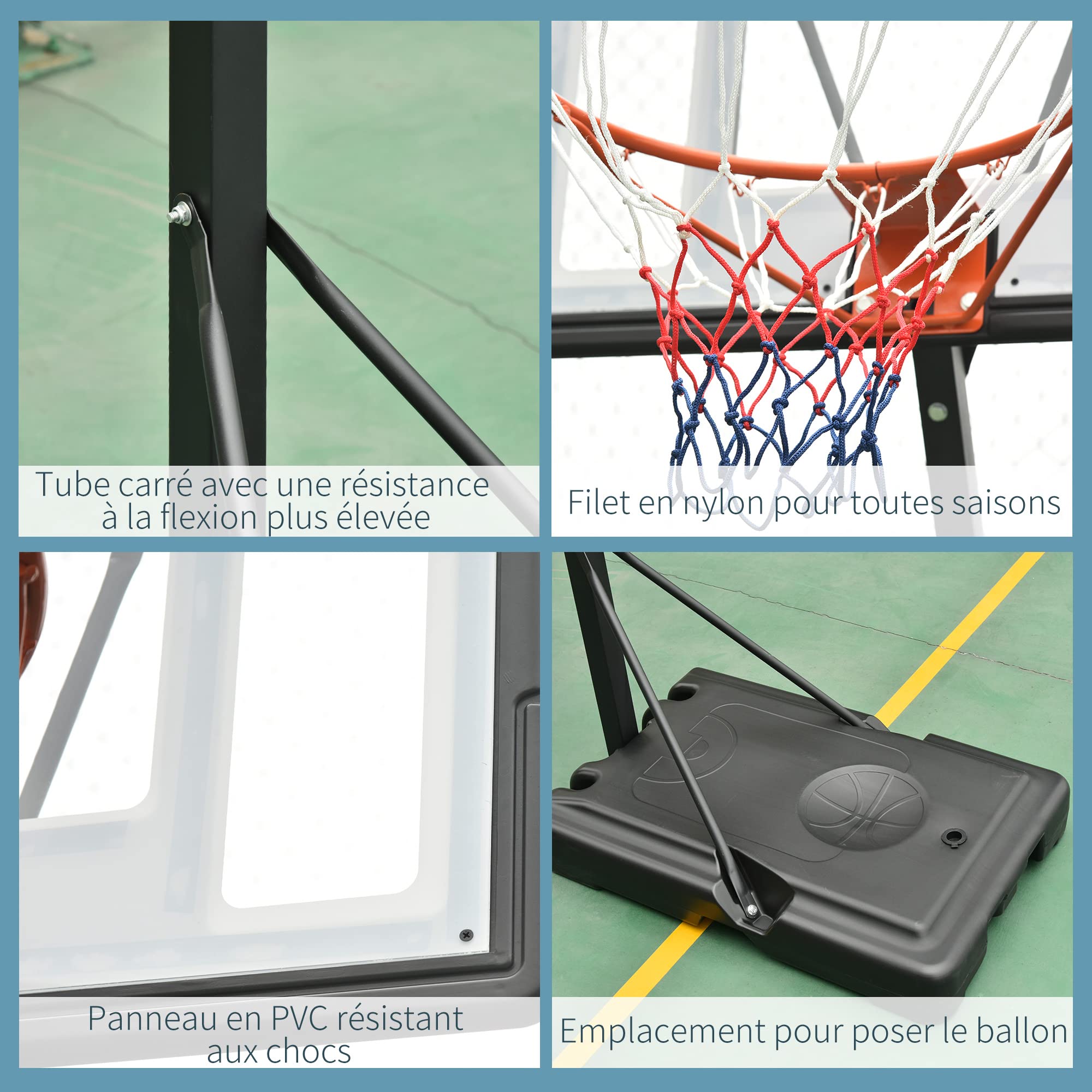 HOMCOM Panier de Basket extérieur avec Poteau Panneau, Base de lestage sur roulettes Hauteur réglable 2,55-3,05 m (Panier) Usage intérieur extérieur Noir Blanc