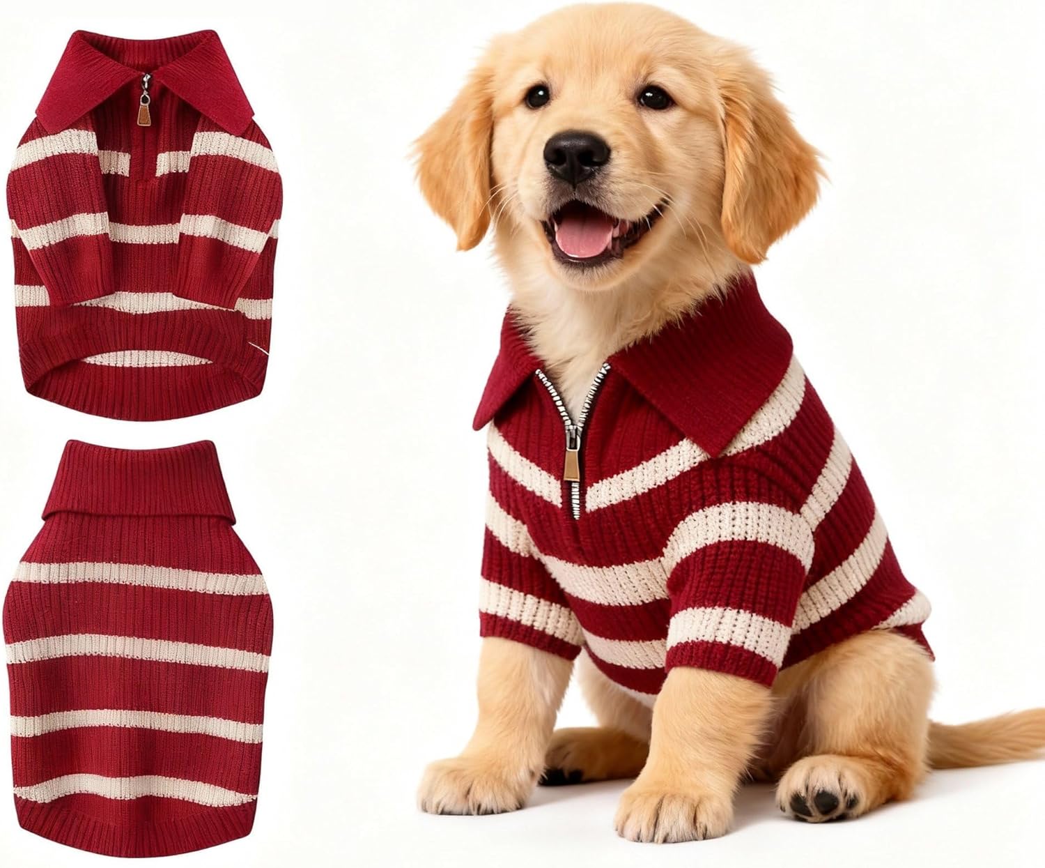 Small Dog Sweater with Zipper, Knitted Striped Pullover Dog Clothes for Cold Weather, Thick Warm Cozy Stretchy Sweater for Chihuahua, Bulldog, Dachshund, Pug(Red & White Strip, XXL)