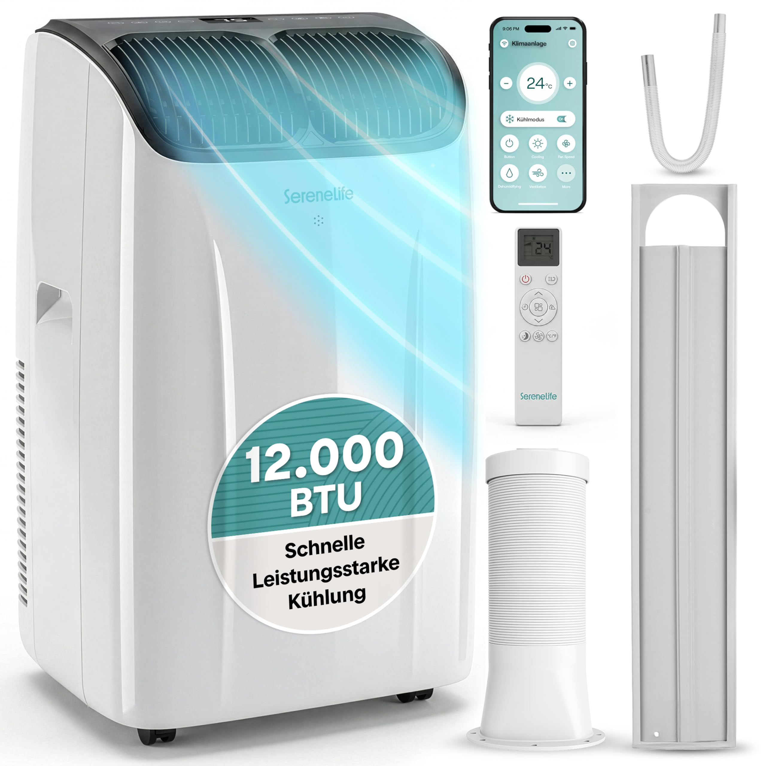 SereneLife Klimaanlage Mobil 12.000 BTU mit Heizfunktion – Kleine Klimaanlage für Zimmer bis 32 m² | Kühlen, Heizen, Entfeuchter & Ventilator | 48 dB | Grau