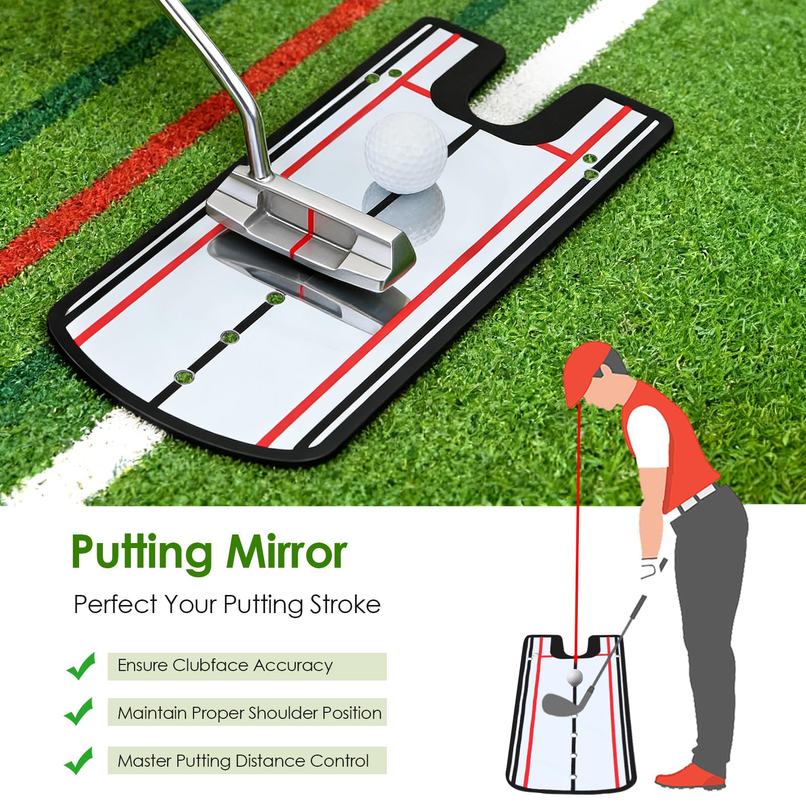 Esterilla de golf con rebobinado automático de bolas y riel de madera, Putting Green Indoor con espejo de putt & 2 agujeros, mini golf para el hogar, alfombra de golf plegable para oficina/jardín