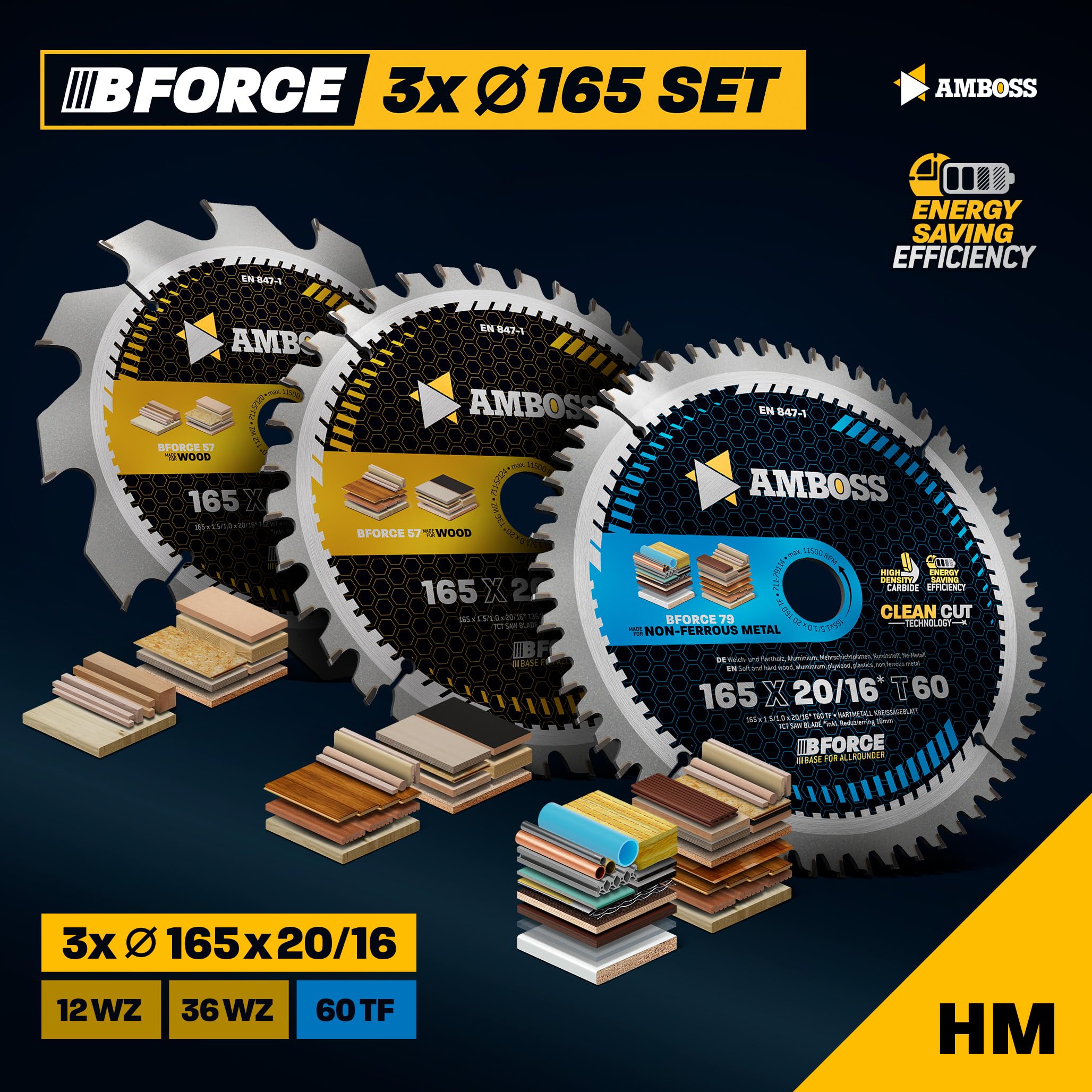Juego de hojas de sierra circular de 165 x 20 mm con batería, compatible con Bosch GKS 18v-57g, Bosch GKT 55 GCE, Makita SP6000 - AMBOSS WERKZEUGE® Juego de hojas de sierra de 165x20 mm