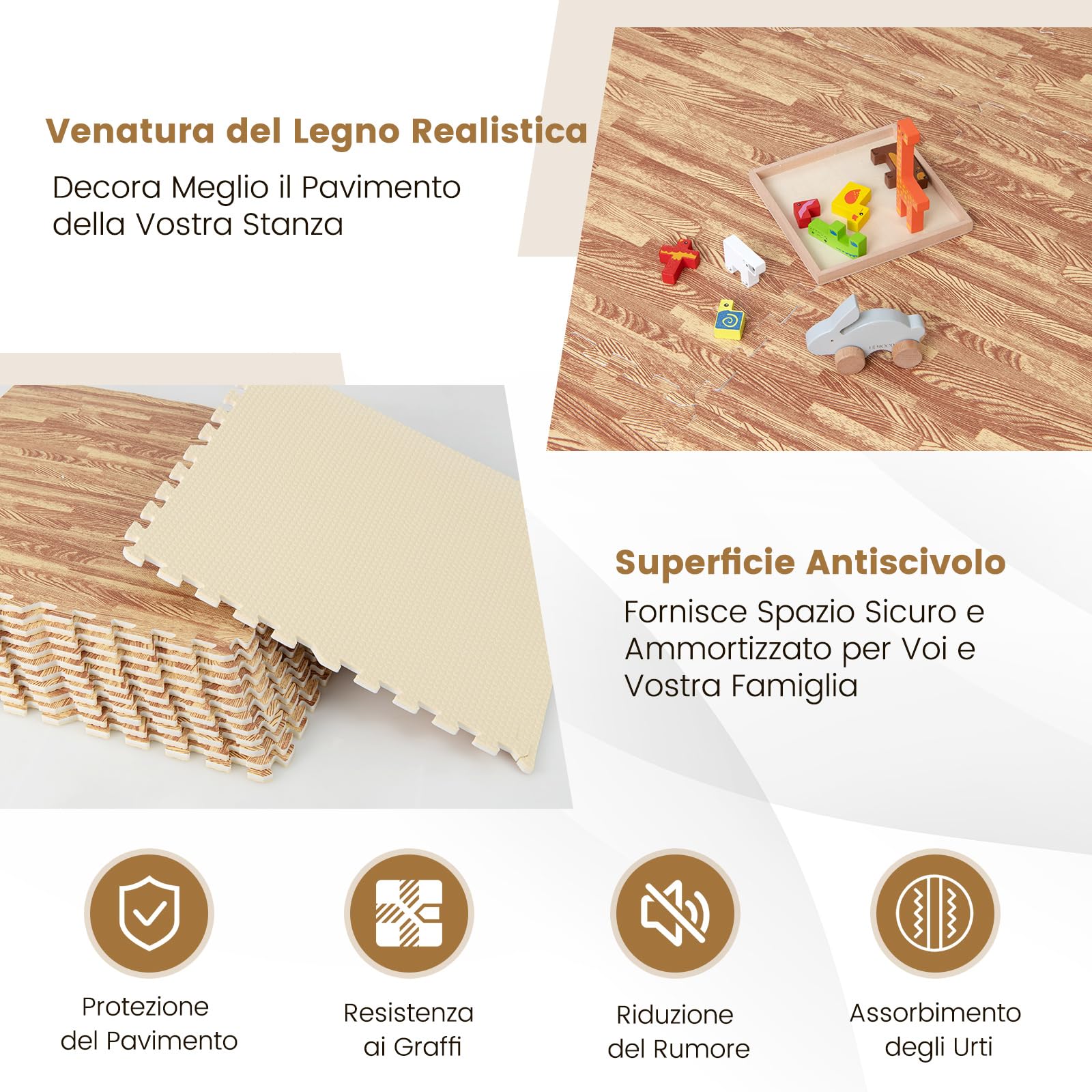 COSTWAY 12 Pezzi Tappeto Puzzle Effetto Legno, Tappetini a Incastro in Schiuma EVA con Bordi Perimetrali, Tappeto Protettivo Spesso per Palestra Casa Stanza Giochi, 61x61 cm, 4,5 M²