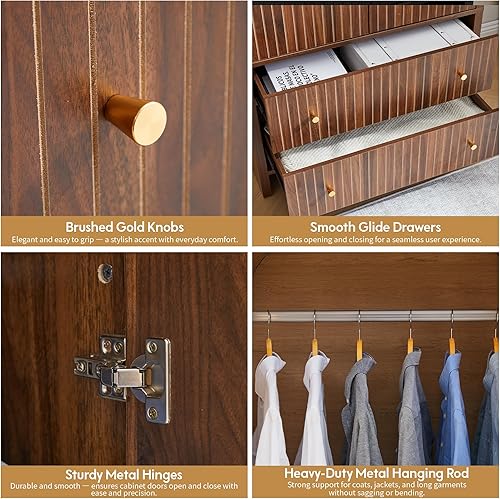 Miniatura 4 de LEVNARY Armario arqueado, armario independiente moderno de mediados de siglo de 2 puertas con barra para colgar y 2 cajones, armario de Nuez,Negro