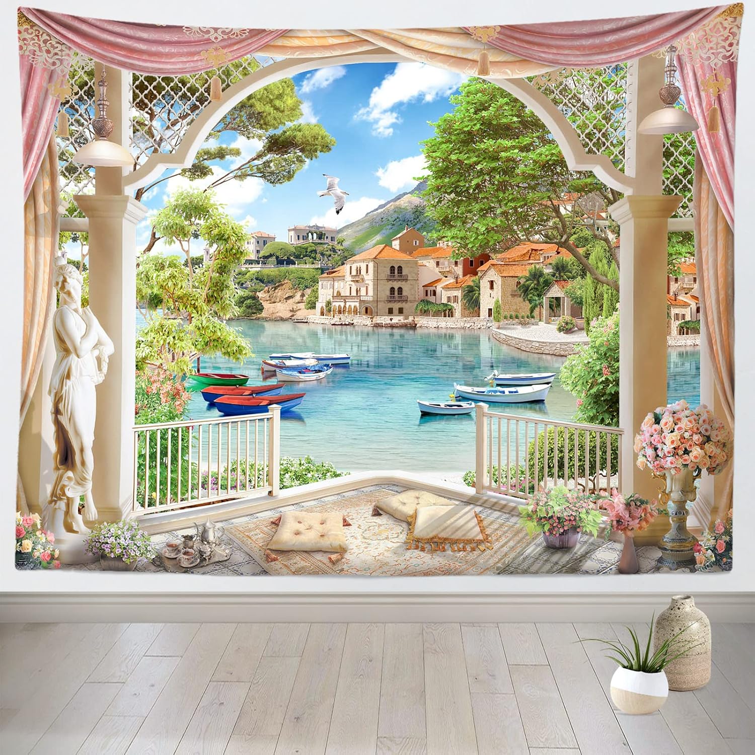BELECO Large European Palace Garden Tapestry Wall Hanging Fantasy Balcony Scenery Tapestry Tropical Beach Island Coastal Houses Boats Scenic Tapestry for Living Room Bedroom Dorm Decor