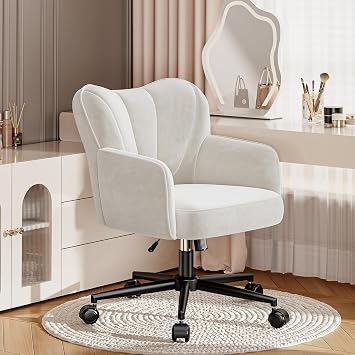 DurayLoly Vanity Chair with Wheels & White Adjustable Height Makeup Chair, Plush Velvet Seat with Curved Backrest for Women, Girls, Bedroom Vanity & Desk, White