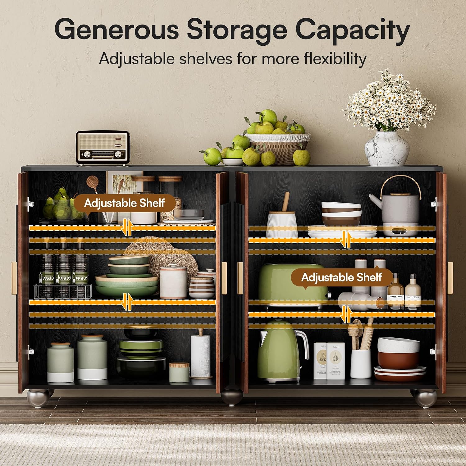 58" Fluted Modular Buffet Cabinet with Arched Doors & Gold Handles, Mid Century Modern Sideboard Credenza Storage with Adjustable Shelves, Wood Coffee Bar Console Table for Dining Living Room