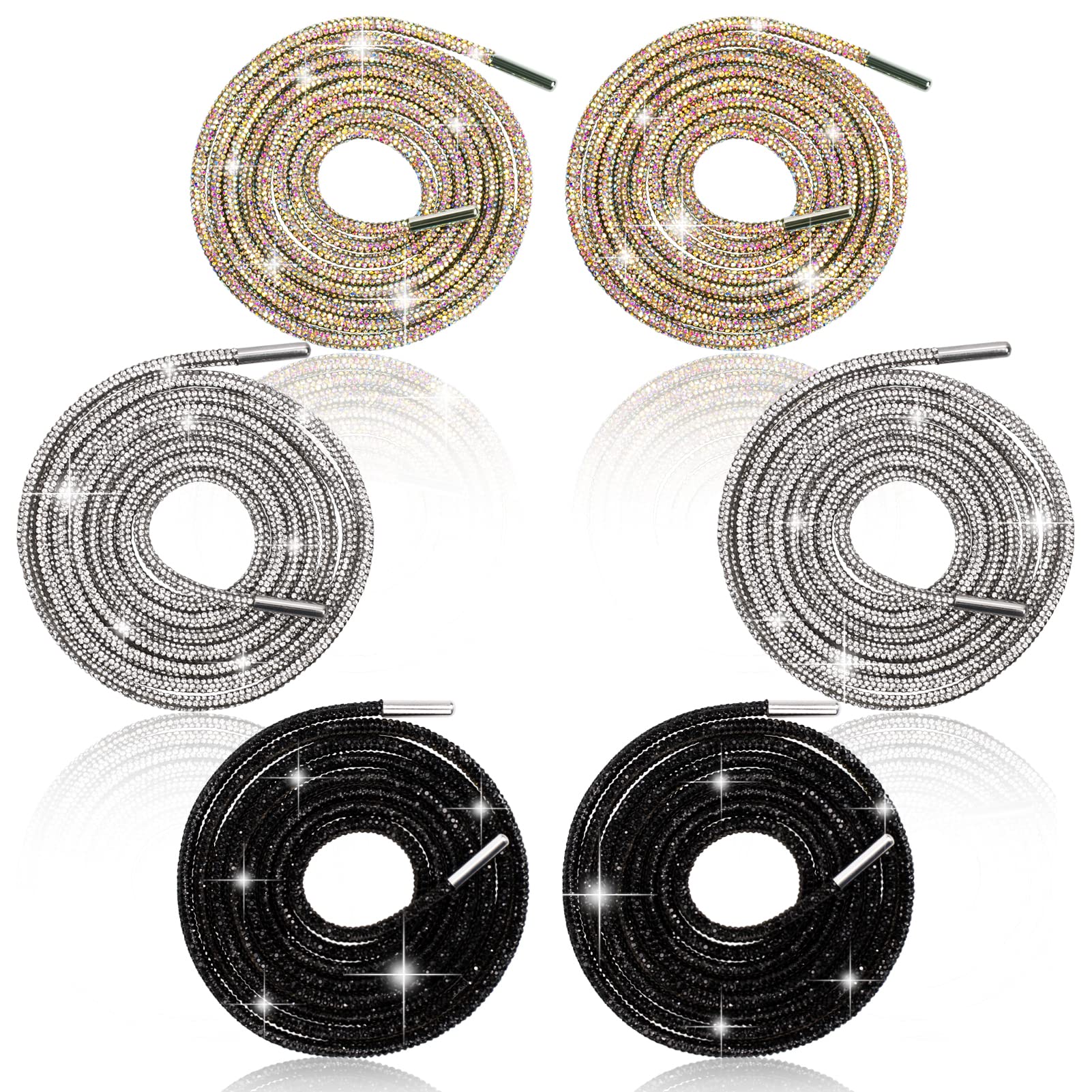 3Pairs Rhinestone Round Shoe Laces, 55'' Bling Bling Crystal Rhinestone Glitter Rope Shoelaces Drawstring Cords Replacement