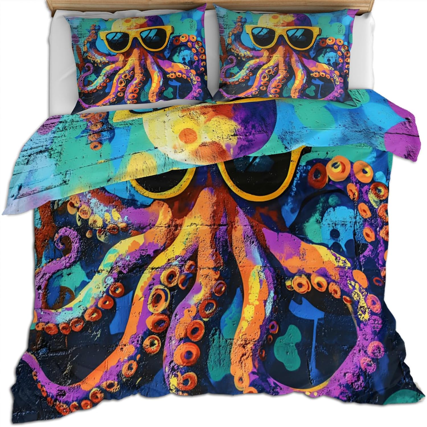 Twin Size Duvet Cover Set, Urban Graffiti Print Duvet Cover, Street Pop Graffiti Comforter Cover, Cool Octopus Bedding, Kids Room Bedding Decor, （Reversible Printing）