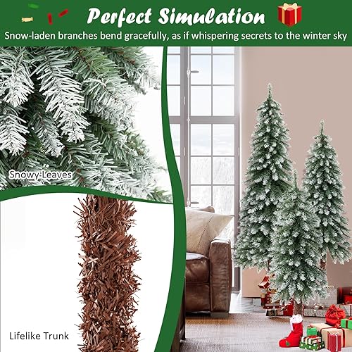 Miniatura 6 de GOFLAME Juego de 3 árboles de Navidad preiluminados, árbol de Navidad artificial tipo lápiz de 3 pies, 4 pies y 5 pies con luces LED blancas