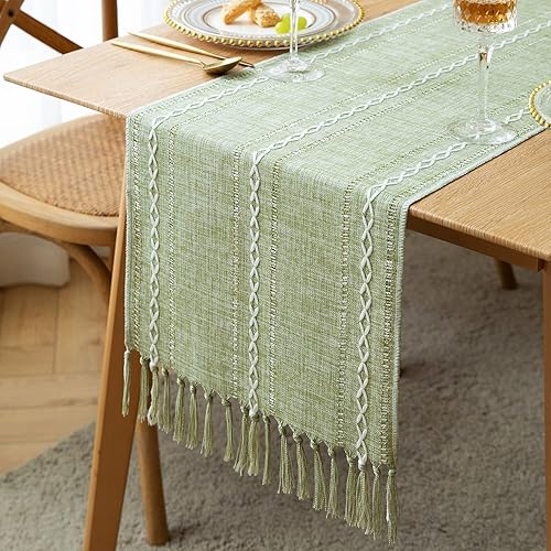 ZeeMart Camino de mesa de granja, caminos de mesa rústicos de 72 pulgadas de largo, camino de mesa bohemio de lino, camino de mesa trenzado a rayas