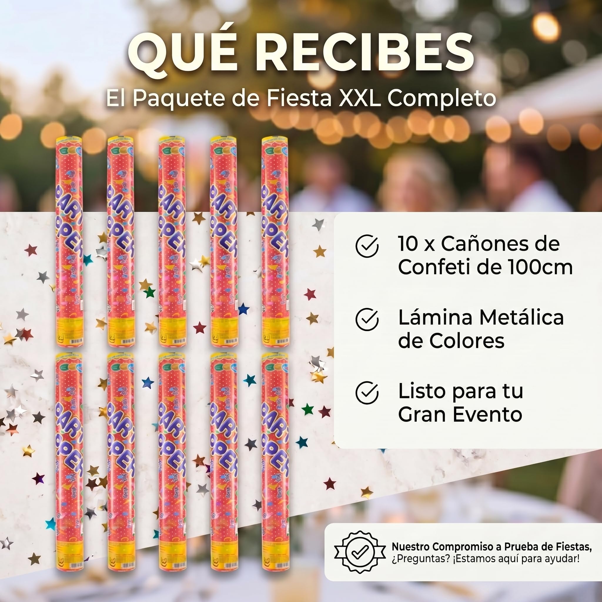 Cañón de Confeti Tirador de Confeti para fiestas Cañón de Confeti - XXL - Conjunto (Colorido (100cm), 10 piezas)