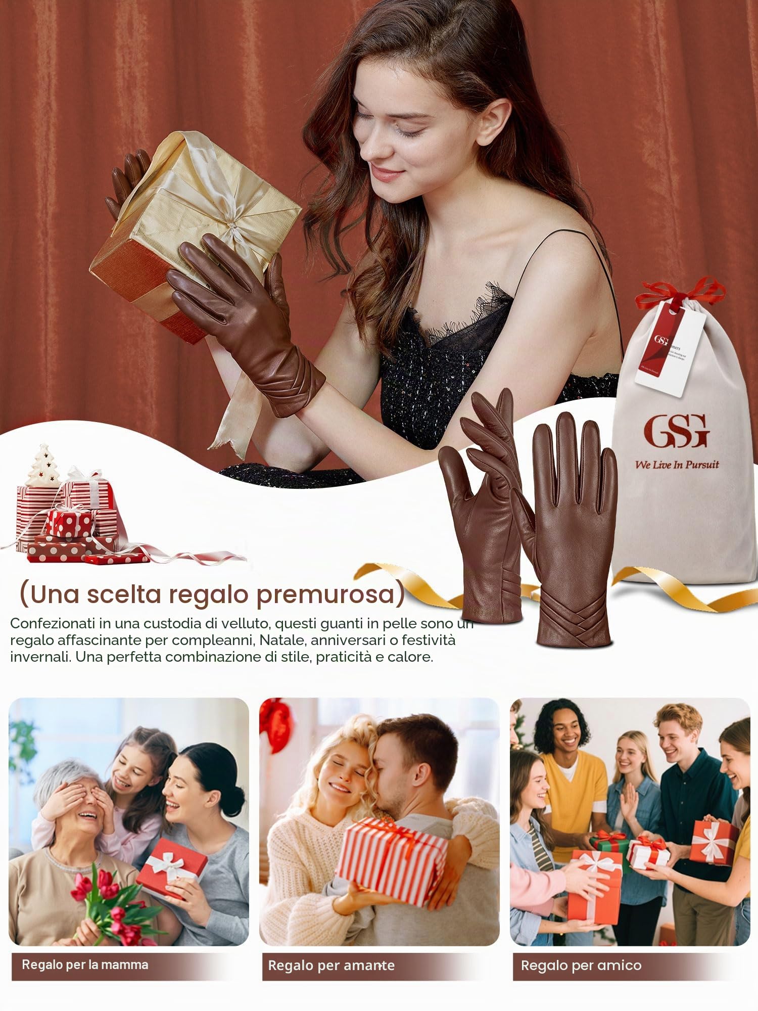 GSG SINCE 1998 Guanti Pelle Donna – Touchscreen, Invernali in Pelle di Pecora Senza Cromo, Foderati in Lana per Guida, Marrone L