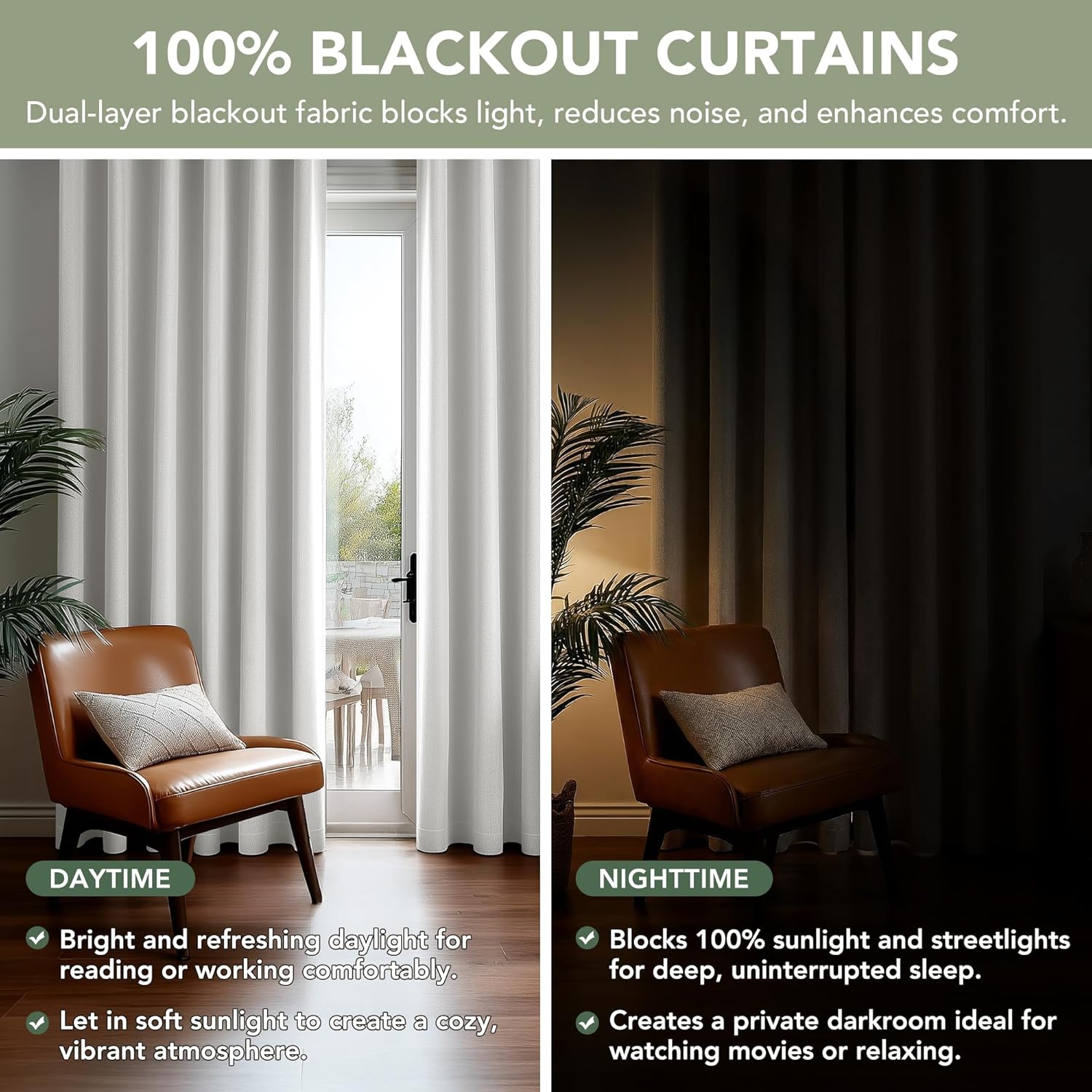 Deconovo 100% Blackout Curtains Faux Linen Look with Coffee Bottom Backing, TPU Invisible Loop Tabs Hidden Hook Design, Thermal Insulated Room Darkening Window Panels, Cream, 52W x 72L, 2 Panels