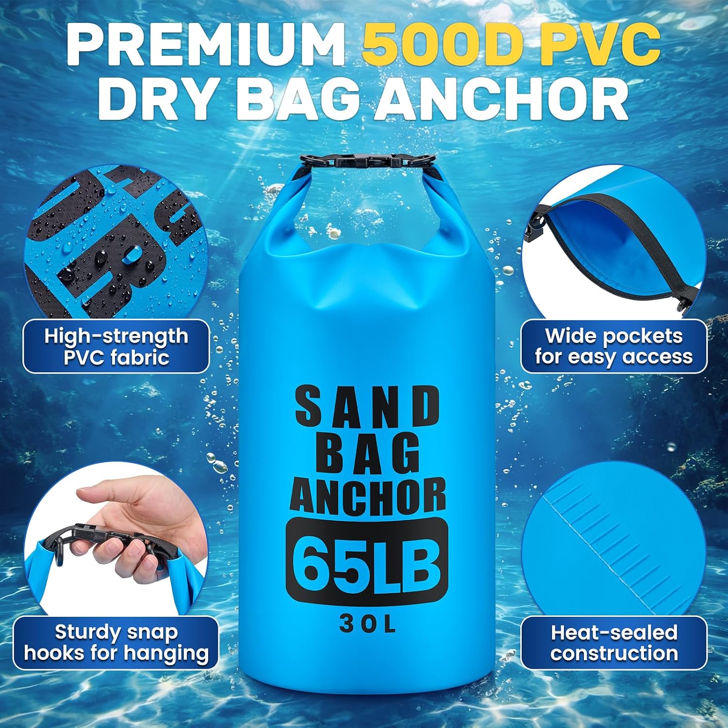 30L Sand Anchor Bag, 2 in 1 Waterproof Dry Bag for Small Boat, PWC Anchor Kit with Adjustable Buoy Compatible with Jetski, Kayak, Water Sports