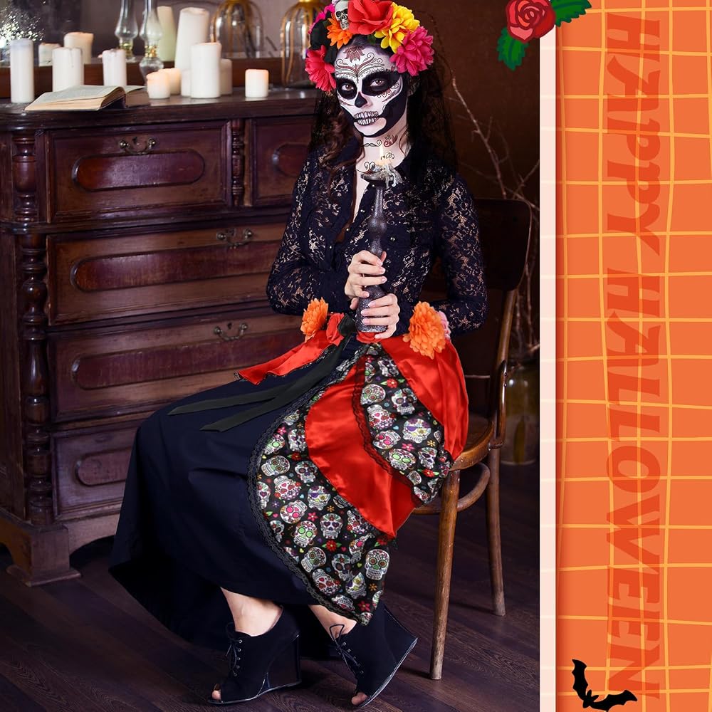 black dress day of the dead Mexican Black Dress Style-womans Mexican Boho Coco Theme Party Day of the Dead SKIRT ONLY Day of the Dead Costume 100cm