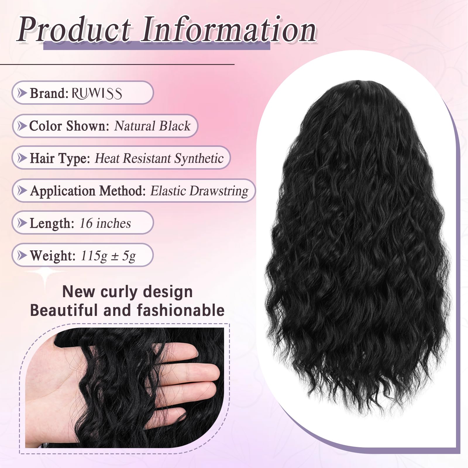 RUWISS Curly Drawstring Ponytail Extension for Black Women,16 inch Natural Black Afro Kinky Ponytail Synthetic Hairpiece for Daily Party Use - Image 2