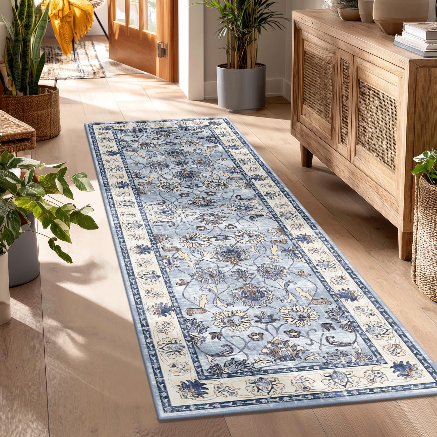 Yamaziot Washable Runner Rug, 2x6 Non-Slip Vintage Floral Hallway Rug with Rubber Backing, Low Pile Non-Shedding Soft Distressed Carpet Runner for Bedroom, Kitchen, Laundry, Entrance - Image 2