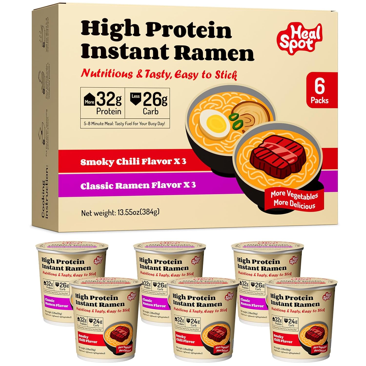 HealSpot High Protein Instant Ramen Variety Pack (6 Cups) - 32g Plant-Based Protein, Non-Fried, Low Carb, Keto & Vegan Friendly (Smoky-Beef/Classic-Pork) | 50% Protein, Keto Friendly, Vegen Friendly, Healthy Quick Meal