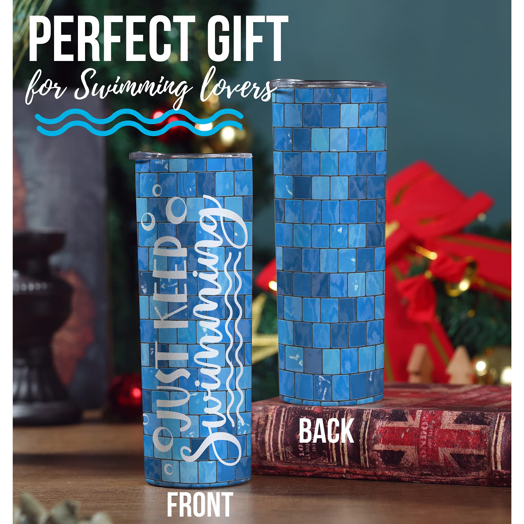 Onebttl Swimming Gifts, Swimmer Stainless Steel 20oz Skinny Tumbler for Women, Men, Teen Girls, Teammate, Coach, Swimming Pool Tiles - Just Keep Swimming