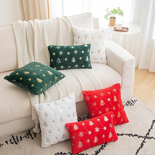 Miniatura 6 de Juego de 2 fundas de almohada decorativas de Navidad de color verde, fundas de cojín con lentejuelas de 12 x 20 pulgadas, fundas de cojín lumbar de