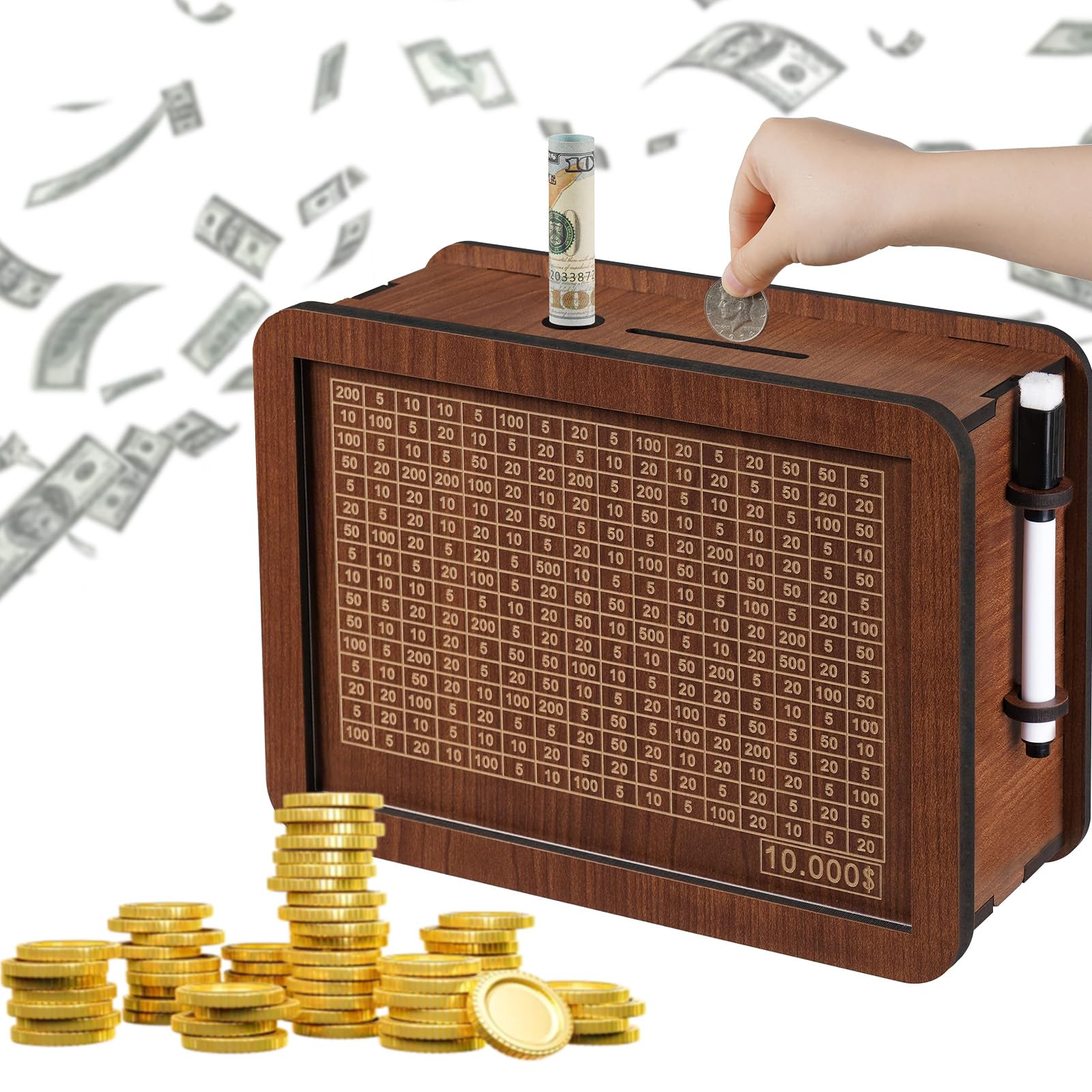 10000 Savings Challenge Box, Money Box for Cash Saving, Wooden Money Saving Challenge Box Cash Vault Piggy Bank for Adults Kids Money Box for Cash Saving for Boys and Girls