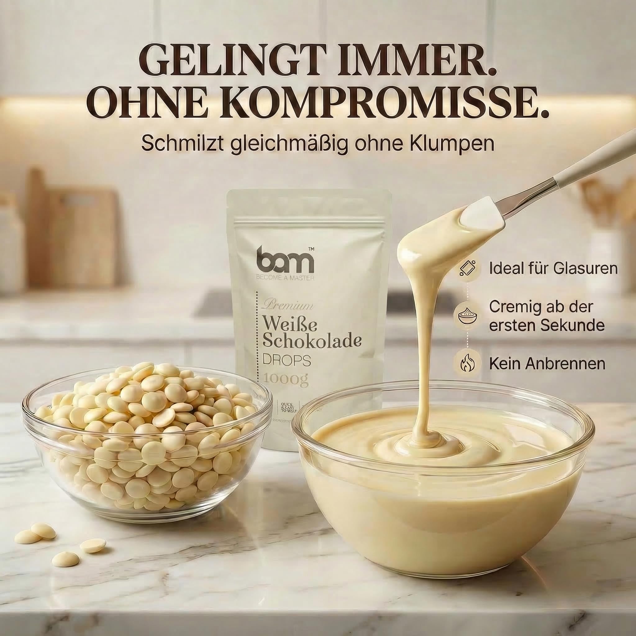 BAM Weiße Schokolade Drops – Kuvertüre Callets zum Schmelzen & Backen – Weiße Schokodrops für Schokofondue, Ganache & Schokobrunnen – White Chocolate Chips - 1 kg