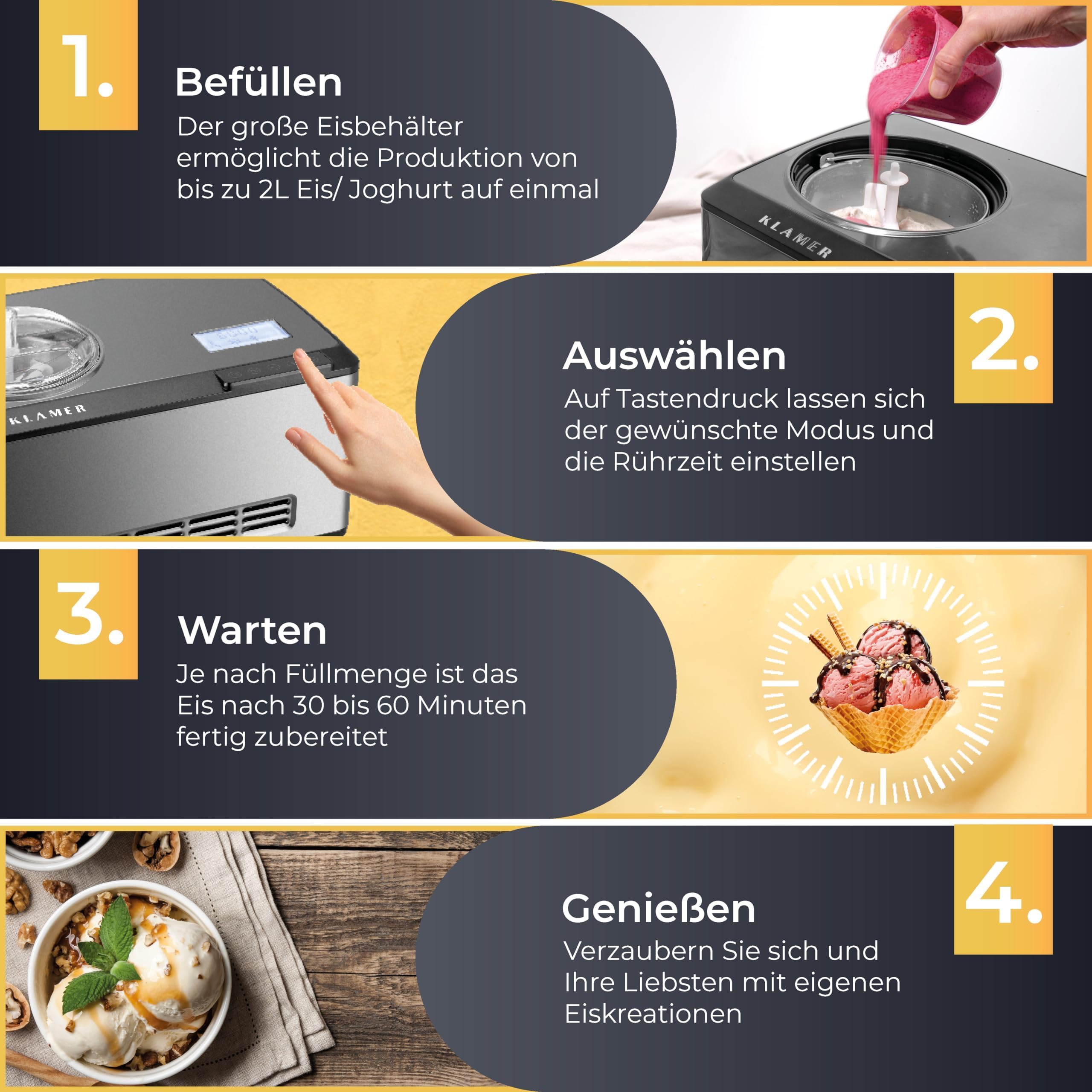 KLAMER 2-in-1 Eismaschine & Joghurtbereiter 2 L, 180 W Eiscrememaschine aus Edelstahl mit Kühl- und Heizfunktion, hausgemachtes Speiseeis mit selbstkühlendem Kompressor, mit digitalem Rezeptbuch