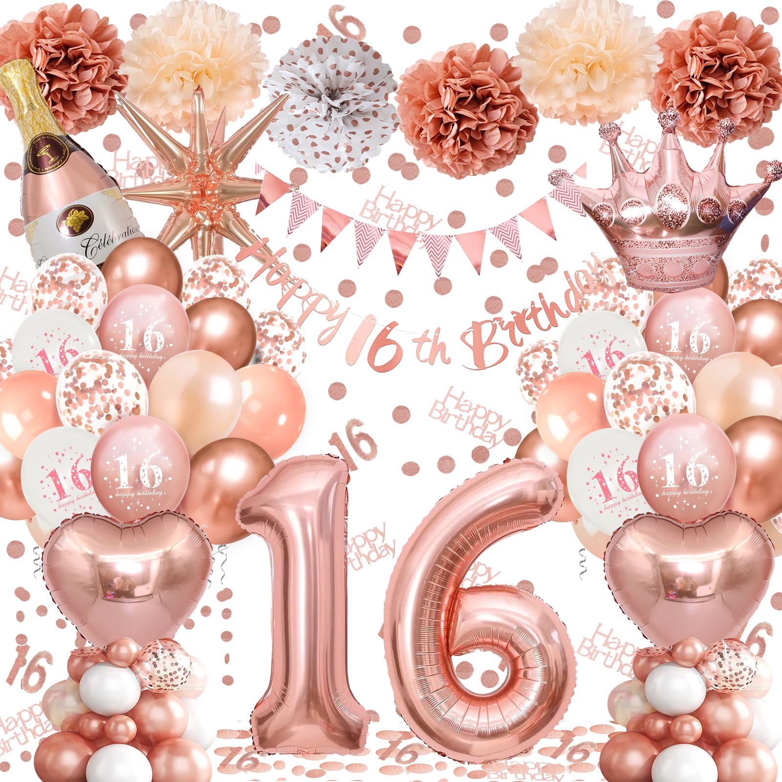 16th Birthday Balloons Rose Gold, Banner, Triangle Flag, 16th Birthday Decorations, Rose Gold Party Decorations Set, Latex, Heart, Crown And Numbers Balloons, Confetti, Paper Pom Poms