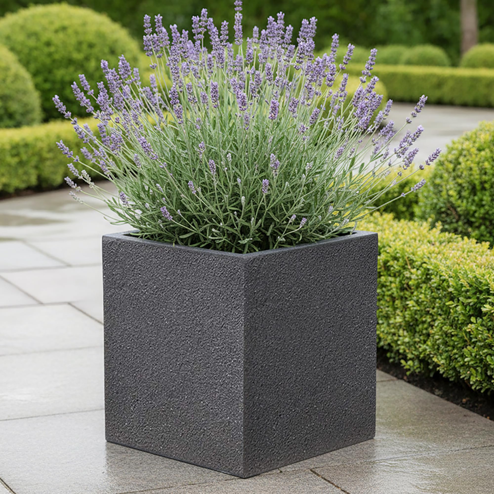 IDEALIST 30cm Square Box | Grey Reinforced Stone Flower Pot | Garden Planters with Drainage Holes L30 W30 H31 cm, 20 litres