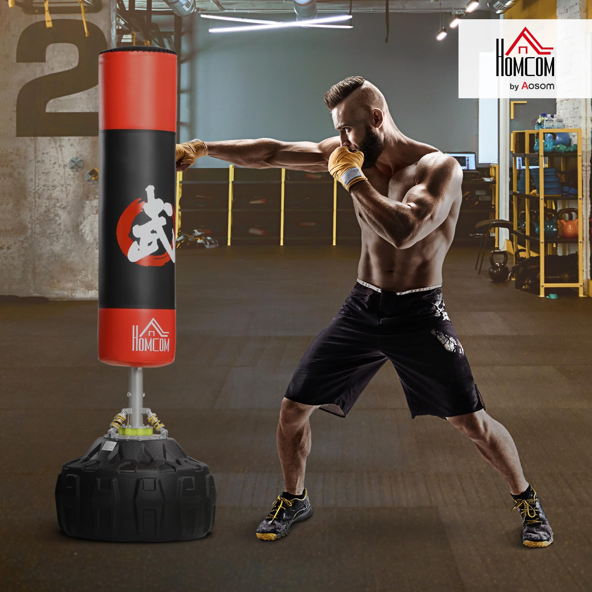 HOMCOM Saco de Boxeo de Pie, 80 cm, Soporte de Boxeo para Adultos, Base Grande Rellenable de Arena 60 kg/Agua 50 kg, Resortes Amortiguador para MMA, Karate, Taekwondo, Entrenamiento en Casa Gimnasio
