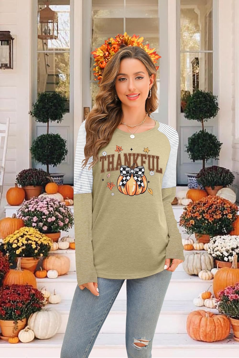 Thanksgiving Shirts for Women: Thanksgiving Pumpkin Tshirt Thankful Fall Raglan Long Sleeve Tops - Image 6