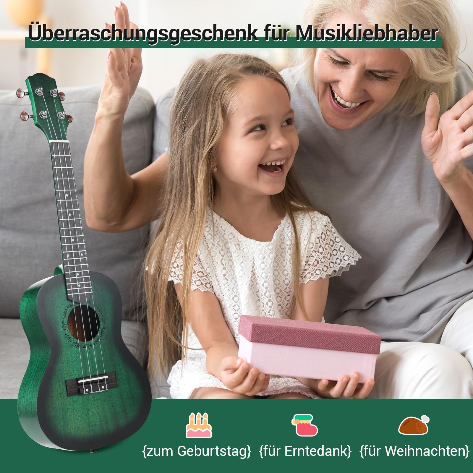 Ukulele Adulti Bambini, Ukulele Soprano da 21 Pollici, Ukulele Concerto Artigianale, Chitarra Hawaiana in Legno di Mogano con Plettri a Tracolla Professionale Borsa, Ukulele Bambini da 6 Anni, Verde