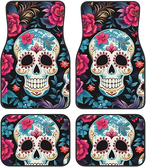 Sugar Skeleton Car Floor Mats 4 Pieces Set Day of The Dead Skull Car Floor Liners Full Set Front and Rear All Weather Waterproof Auto Carpets for Truck SUV Van Sedans