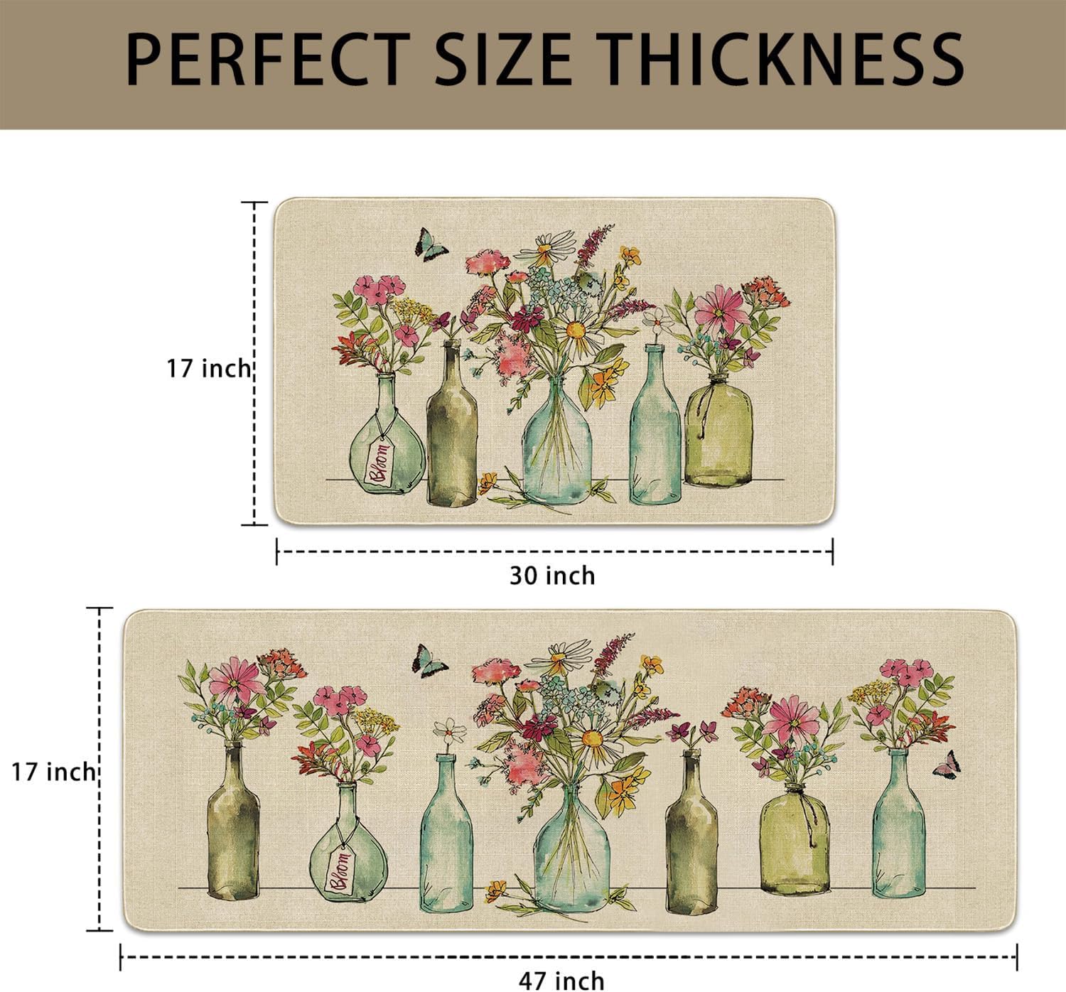 Spring Farmhouse Flowers Vase Kitchen Rugs and Mat Set of 2,Watercolor Floral Kitchen Mats for Floor, Seasonal Kitchen Sink Decor Doormat+Runner Rug