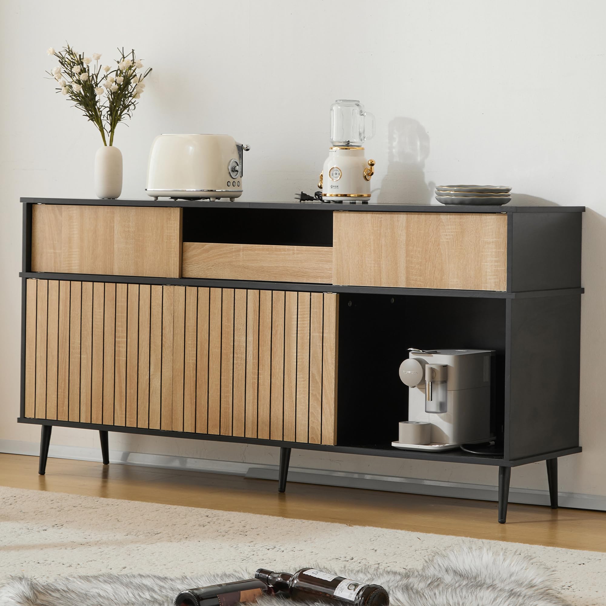 Zepneiy Cassettiera 160 x 40 x 80 cm con 4 ante scorrevoli e 1 cassetto, rovere+nero