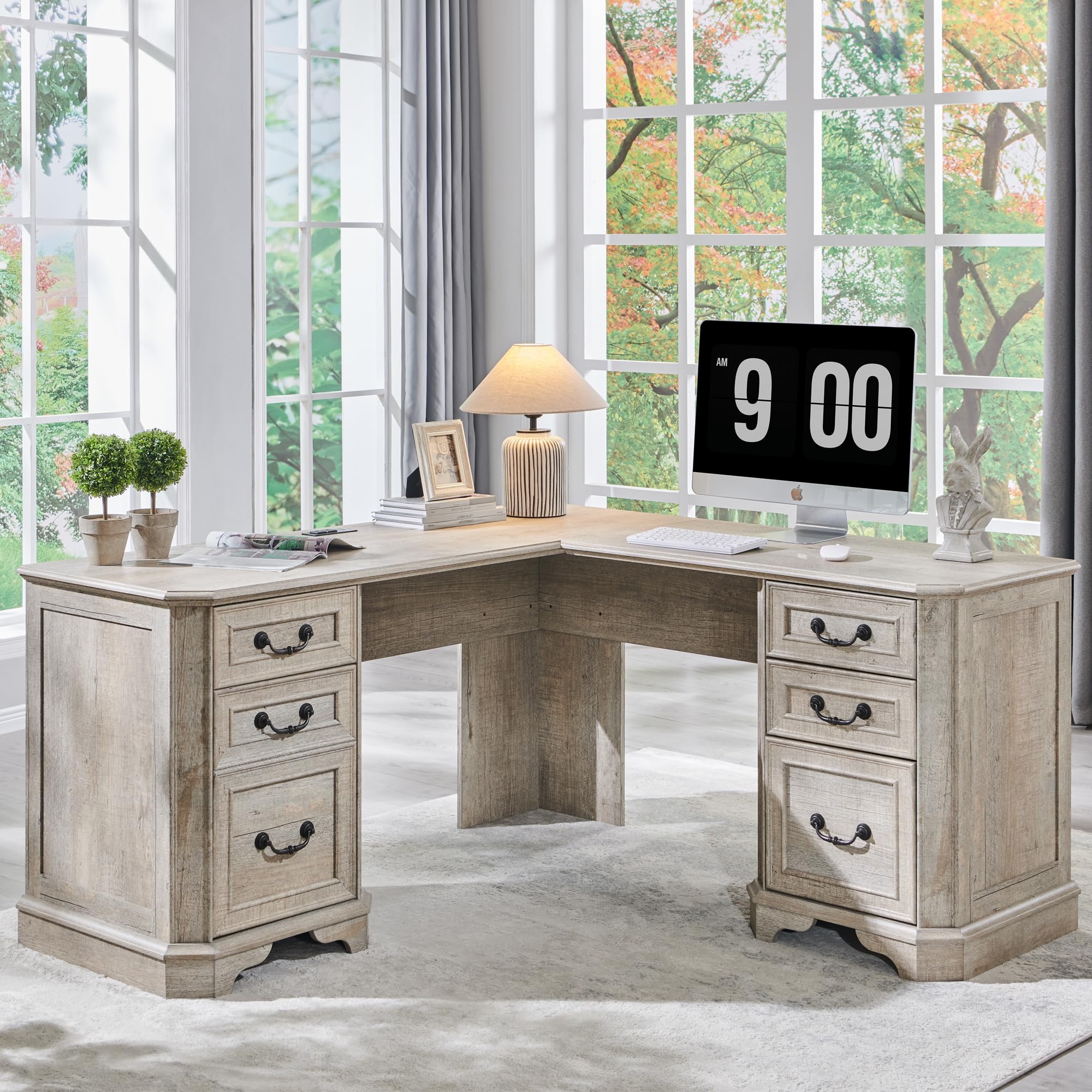 T4TREAM 59" Executive L Shaped Desk with Drawers,Farmhouse Wood Computer Corner Desk, Featuring Charging Station,File Drawer, Storage Cabinet,for Home Office Work and Study (Light Rustic Oak)