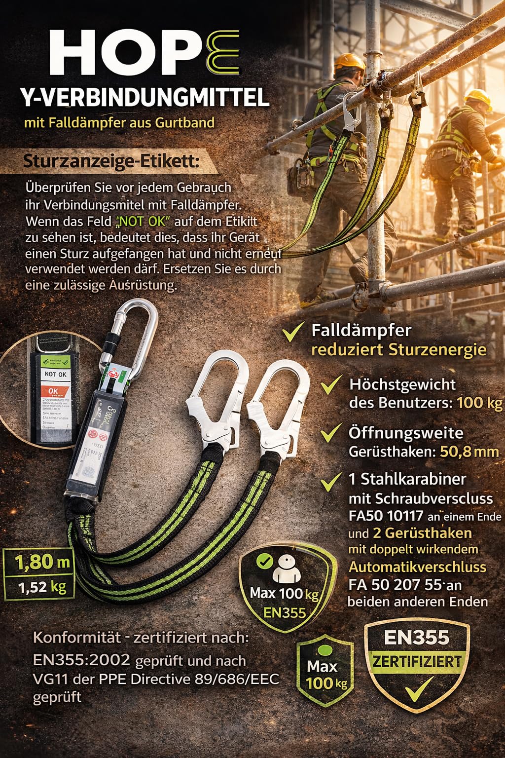 Kratos Safety Y-Verbindungsmittel aus Gurtband mit Falldämpfer, 1,80 m, mit Karabiner und Zwei Gerüsthaken, EN355, PSA