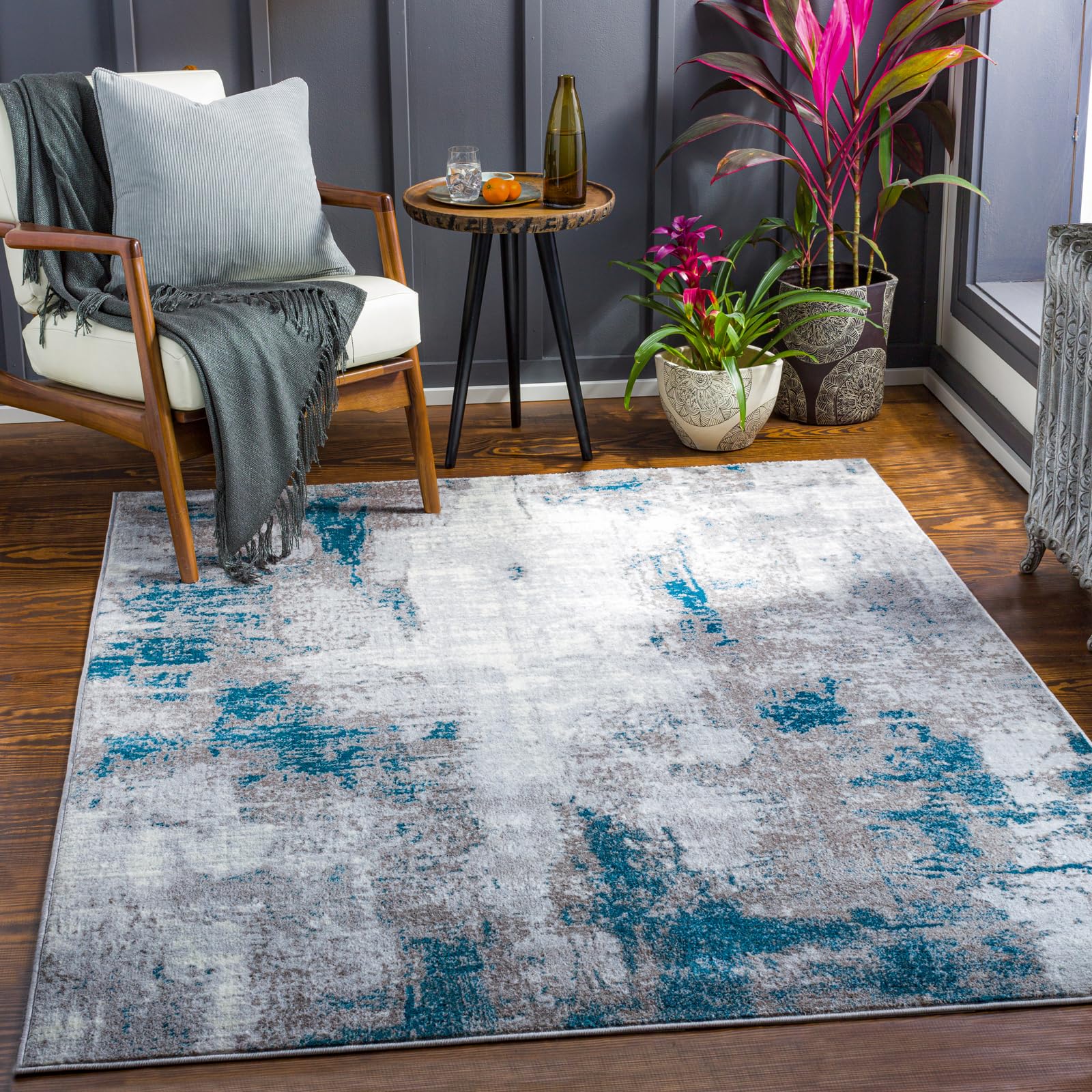 Livabliss Miami Abstract Rug - Area Rugs Living Room 160x160 Cm, Dining Room, Lounge, Kitchen, Bedroom - Modern Marble Large Rug, Soft Luxurious Easy Care Medium Pile, Blue, Grey And Taupe