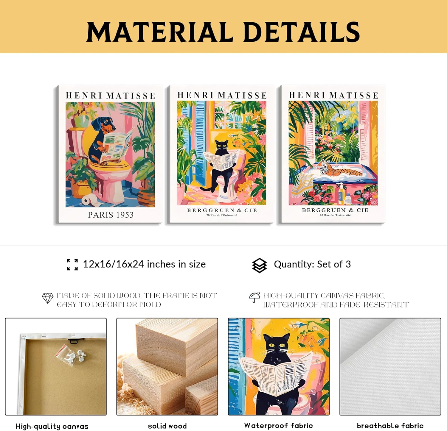 Framed Matisse Canvas Wall Art Set of 3, Funny Tiger, Black Cat and Dachshund Bathroom Scenes Prints, Cute & Colorful Animal Prints, Whimsical Vintage Wall Decor for Bathroom Bedroom 16x24in