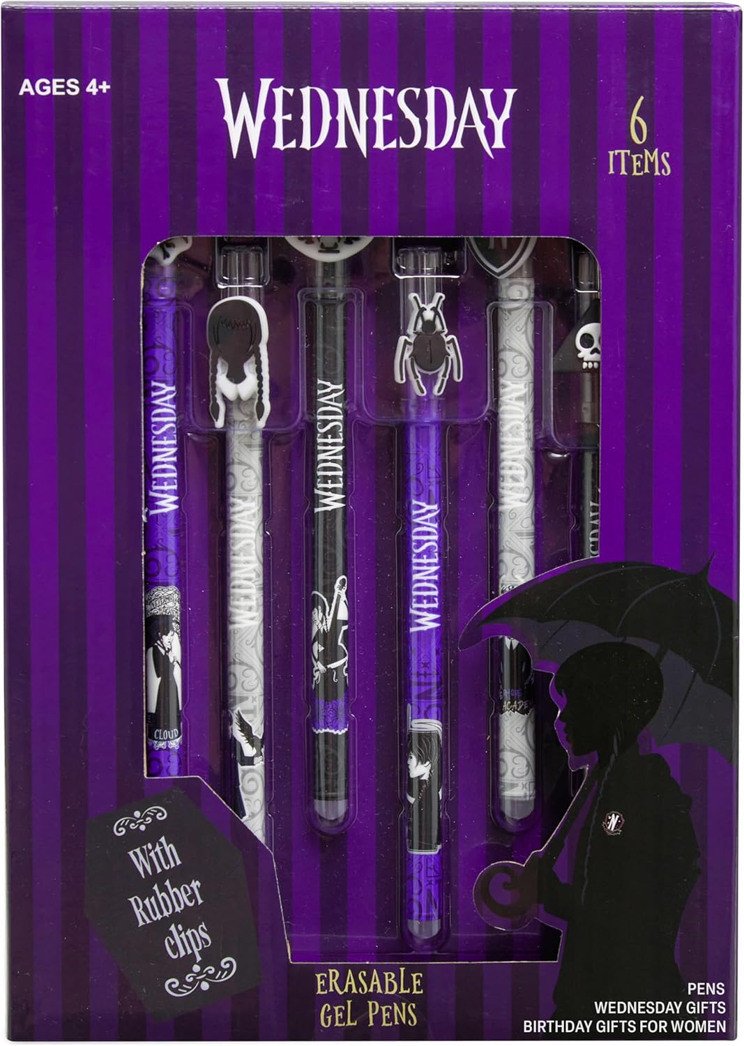 Wednesday Erasable Gel Pens 0.5 mm Tip, 6 Color Set with Built-in Erasers & Decorative Toppers, Smooth Ink Gel Pens for Writing, Gifts for Girls