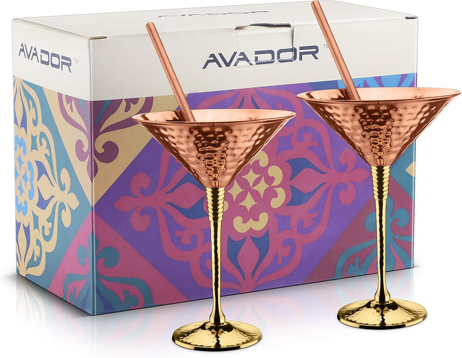Avador Set of 2 Shatterproof 100% Handcrafted Copper Martini Glass Hammered Finish 16 Oz. Gift Set Boxed with 4" Copper Straws